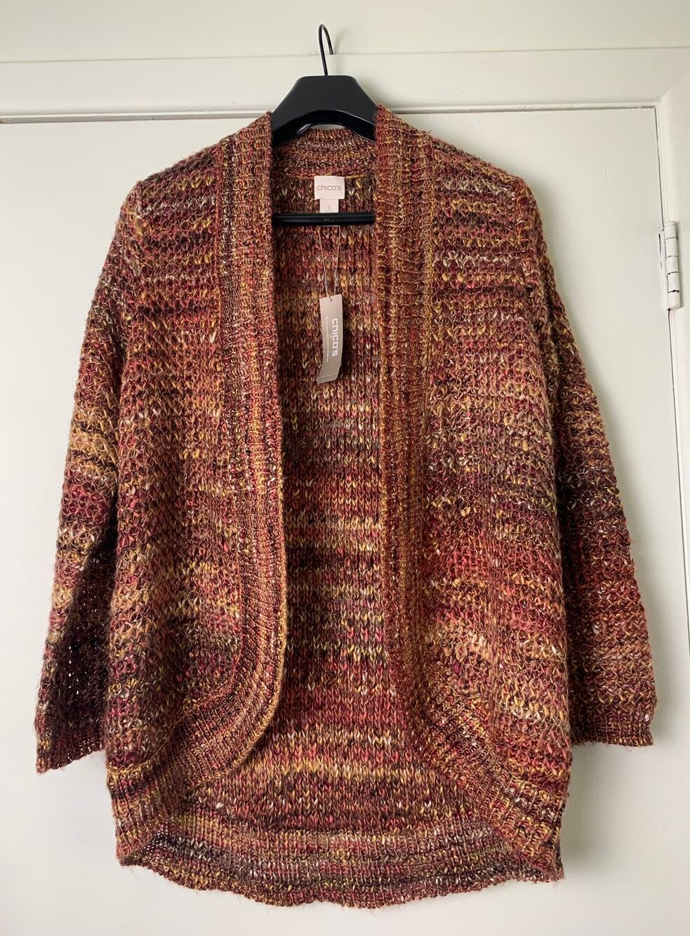 Chico's Open Front Cardigan Sweater NWT Size 1 Medium Cocoon Marled Knit Fall